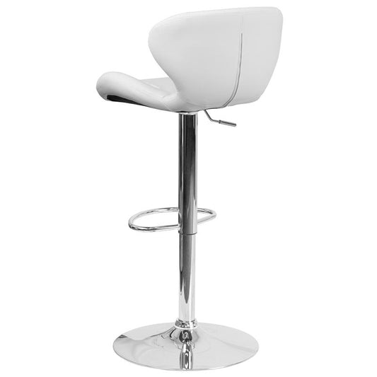 White Vinyl Adjustable Height Barstool with Curved Back and Chrome Base