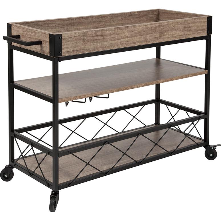 Distressed Light Oak Wood and Iron Kitchen Serving and Bar Cart