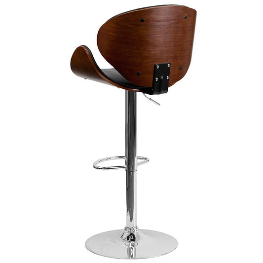Walnut Bentwood Adjustable Height Barstool with Curved Back and Black Vinyl Seat