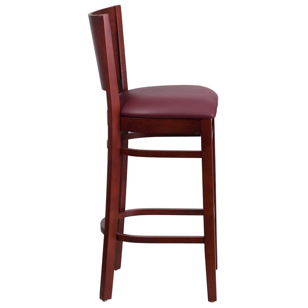 Solid Back Mahogany Wood Restaurant Barstool - Burgundy Vinyl Seat