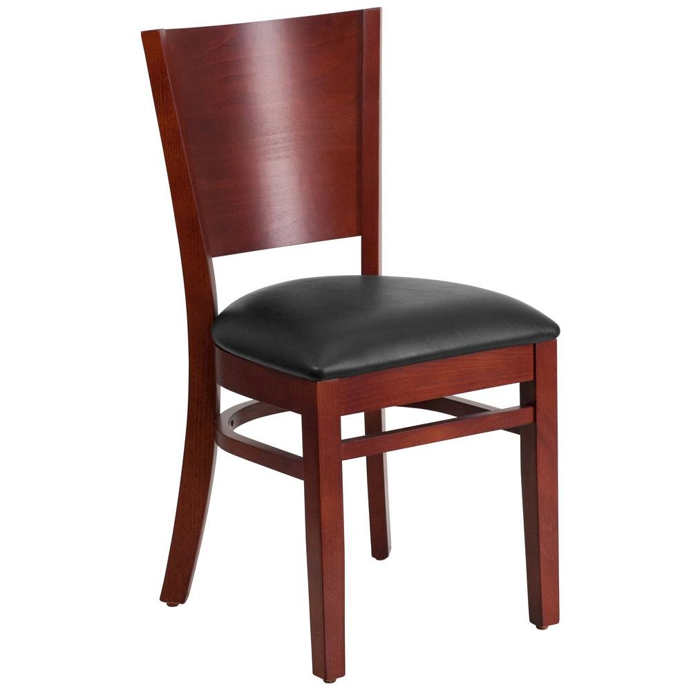 Solid Back Mahogany Wood Restaurant Chair - Black Vinyl Seat