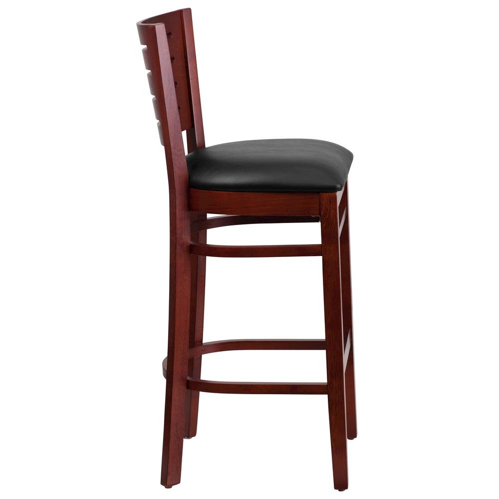 Slat Back Mahogany Wood Restaurant Barstool - Black Vinyl Seat