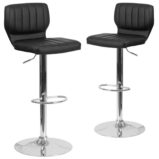 2 Pk. Contemporary Black Vinyl Adjustable Height Barstool with Chrome Base
