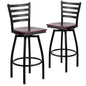 2 Pk. Black Ladder Back Swivel Metal Barstool - Mahogany Wood Seat
