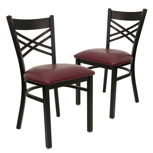 2 Pk. Black ''X'' Back Metal Restaurant Chair - Burgundy Vinyl Seat
