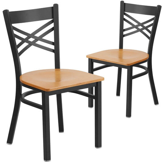 2 Pk. Black ''X'' Back Metal Restaurant Chair - Natural Wood Seat