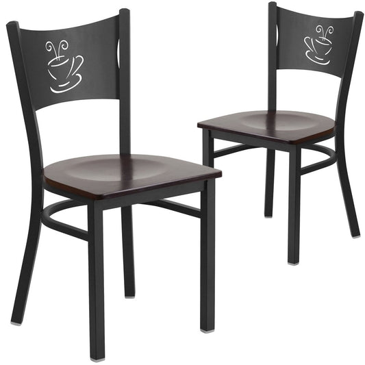 2 Pk. Black Coffee Back Metal Restaurant Chair - Walnut Wood Seat