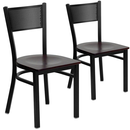 2 Pk. Black Grid Back Metal Restaurant Chair - Mahogany Wood Seat