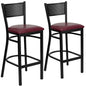 2 Pk. Black Grid Back Metal Restaurant Barstool - Burgundy Vinyl Seat