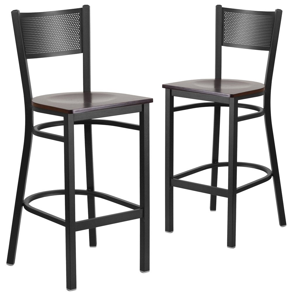 2 Pk. Black Grid Back Metal Restaurant Barstool - Walnut Wood Seat