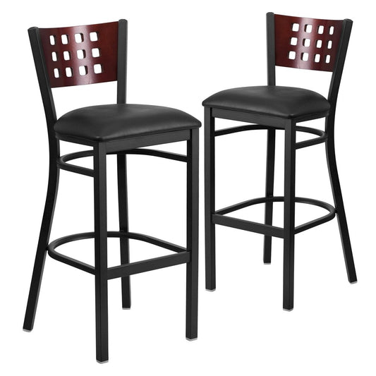 2 Pk. Back Metal Restaurant Barstool - Mahogany Wood Back, Black Vinyl Seat