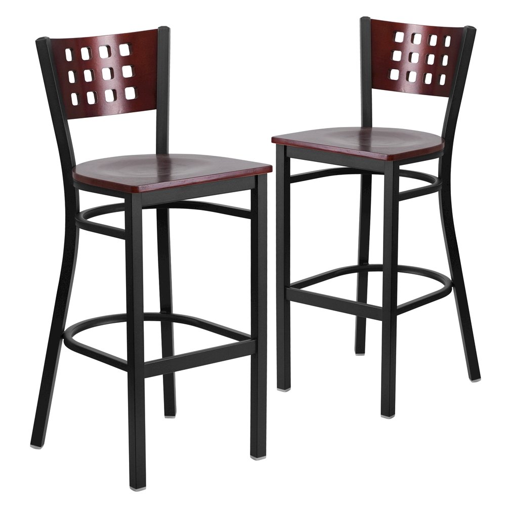 2 Pk. Back Metal Restaurant Barstool - Mahogany Wood Back & Seat