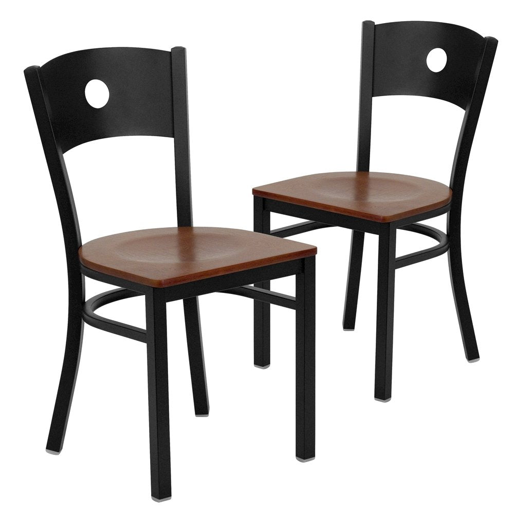 2 Pk. Black Circle Back Metal Restaurant Chair - Cherry Wood Seat
