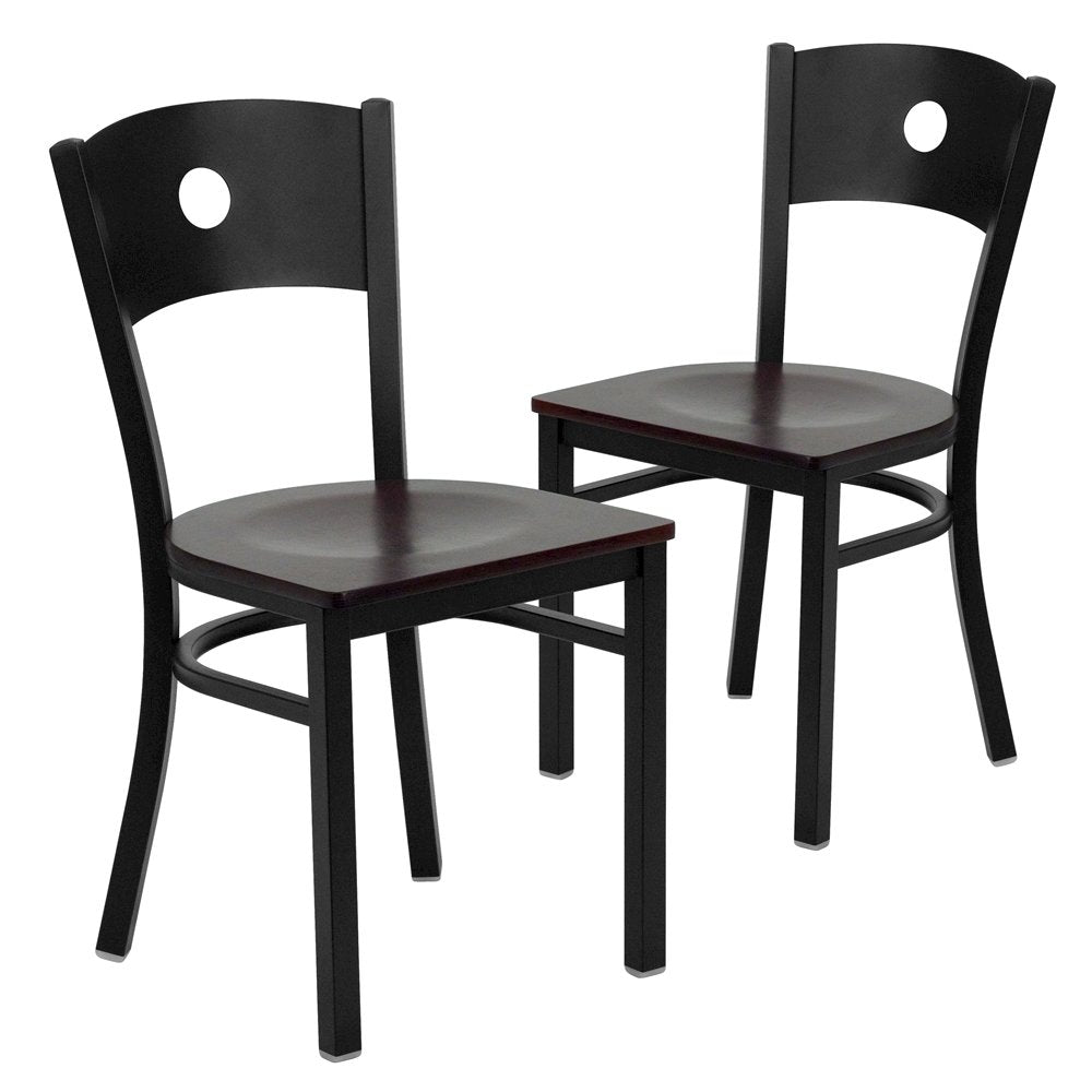 2 Pk. Black Circle Back Metal Restaurant Chair - Mahogany Wood Seat