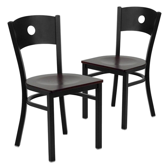 2 Pk. Black Circle Back Metal Restaurant Chair - Mahogany Wood Seat