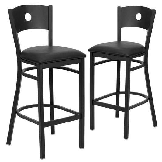 2 Pk. Black Circle Back Metal Restaurant Barstool - Black Vinyl Seat