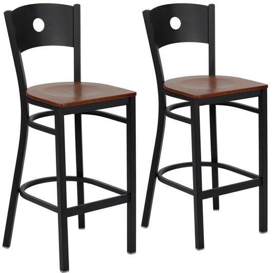 2 Pk. Black Circle Back Metal Restaurant Barstool - Mahogany Wood Seat