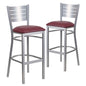 2 Pk. Silver Slat Back Metal Restaurant Barstool - Burgundy Vinyl Seat