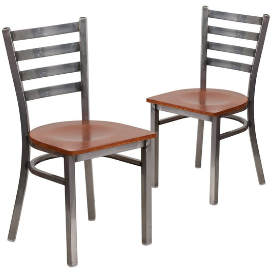 2 Pk. Clear Coated Ladder Back Metal Restaurant Chair - Cherry Wood Seat