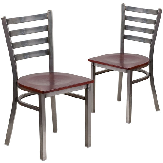 2 Pk. Clear Coated Ladder Back Metal Restaurant Chair - Mahogany Wood Seat