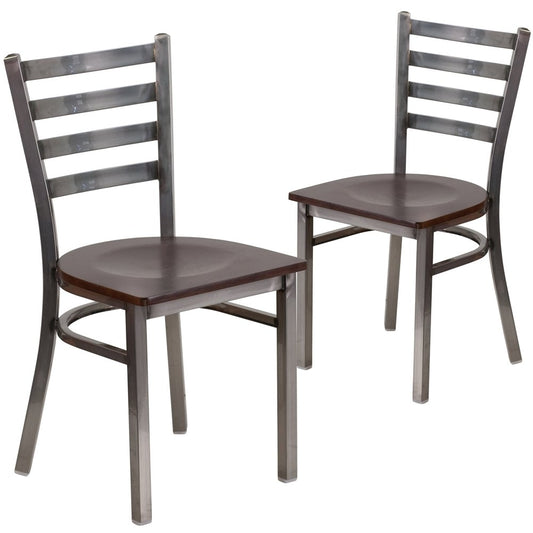 2 Pk. Clear Coated Ladder Back Metal Restaurant Chair - Walnut Wood Seat