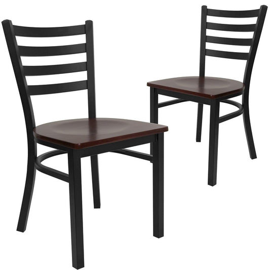 2 Pk. Black Ladder Back Metal Restaurant Chair - Mahogany Wood Seat