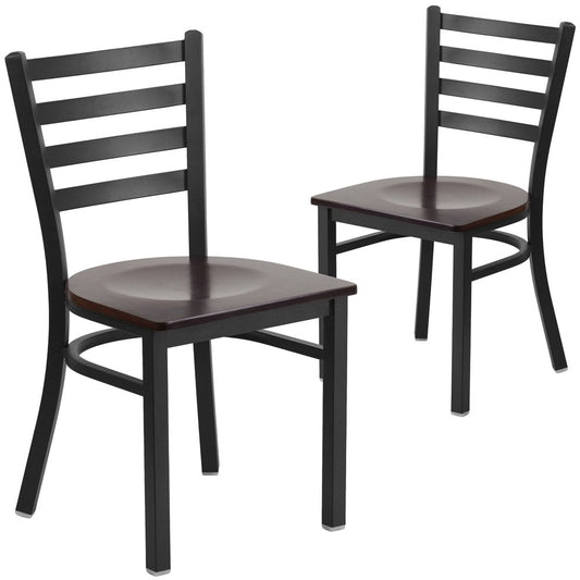 2 Pk. Black Ladder Back Metal Restaurant Chair - Walnut Wood Seat