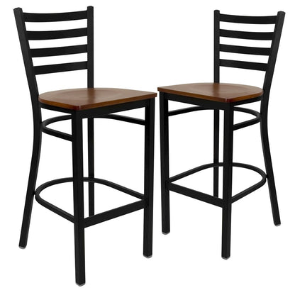 2 Pk. Black Ladder Back Metal Restaurant Barstool - Cherry Wood Seat