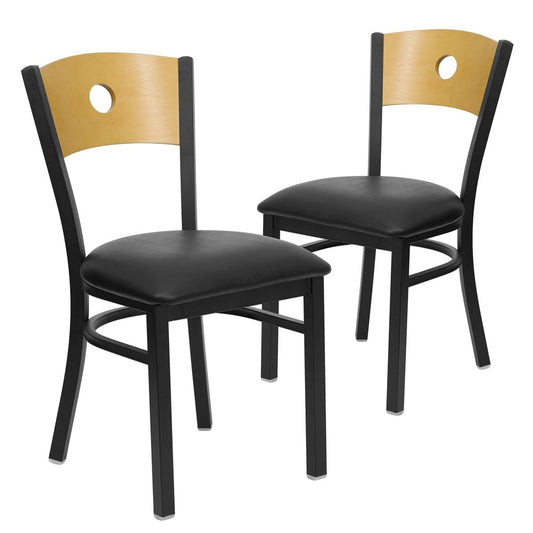 2 Pk. Black Circle Back Metal Chair - Natural Wood Back, Black Vinyl Seat