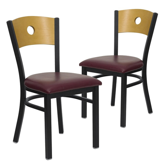 2 Pk. Black Circle Back Metal Chair - Natural Wood Back, Burgundy Vinyl Seat