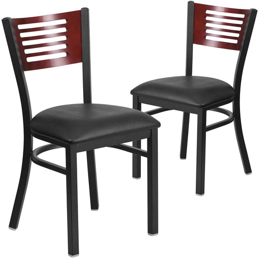 2 Pk. Slat Back Metal Chair - Mahogany Wood Back, Black Vinyl Seat