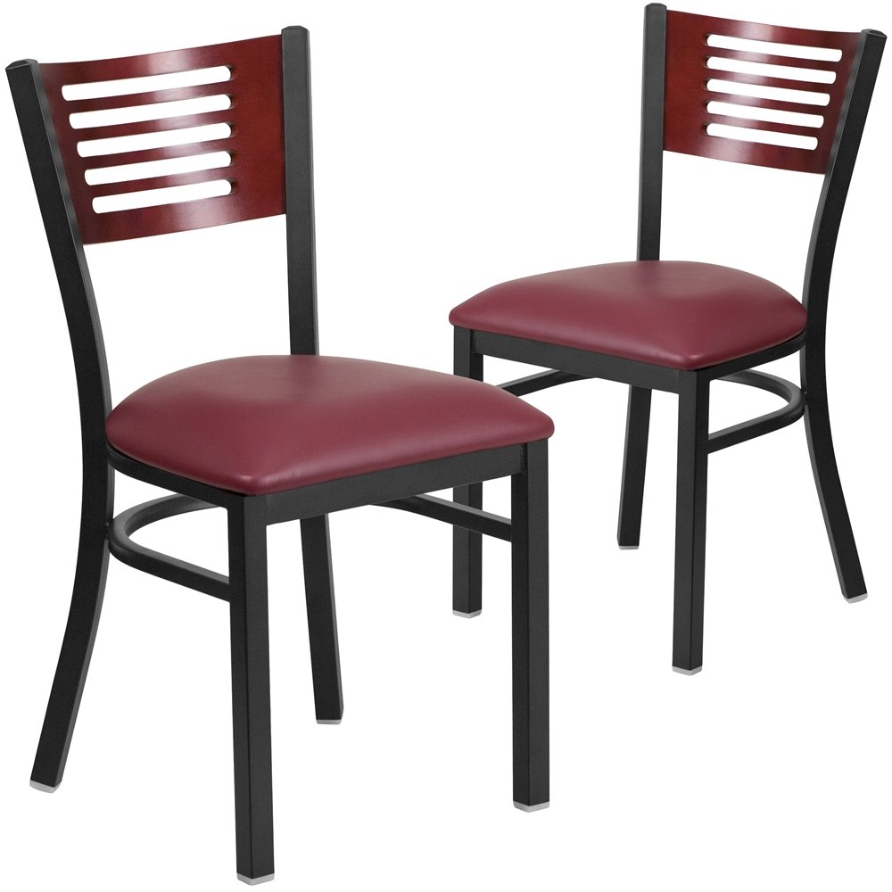 2 Pk. Slat Back Metal Chair - Mahogany Wood Back, Burgundy Vinyl Seat