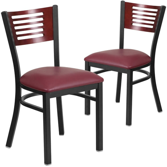 2 Pk. Slat Back Metal Chair - Mahogany Wood Back, Burgundy Vinyl Seat