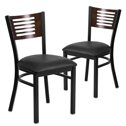 2 Pk. Slat Back Metal Chair - Walnut Wood Back, Black Vinyl Seat