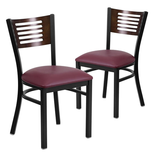2 Pk. Slat Back Metal Chair - Walnut Wood Back, Burgundy Vinyl Seat