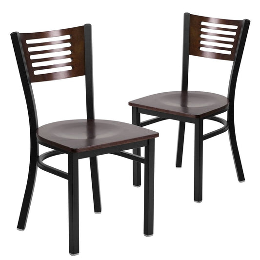 2 Pk. Slat Back Metal Chair - Walnut Wood Back & Seat