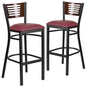 2 Pk. Slat Back Metal Barstool - Walnut Wood Back, Burgundy Vinyl Seat