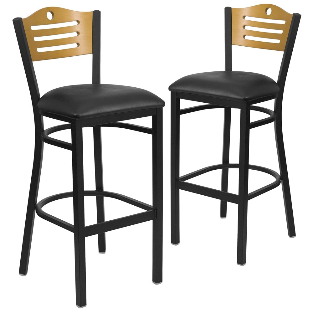 2 Pk. Black Slat Back Metal Barstool - Natural Wood Back, Black Vinyl Seat