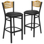 2 Pk. Black Slat Back Metal Barstool - Natural Wood Back, Black Vinyl Seat