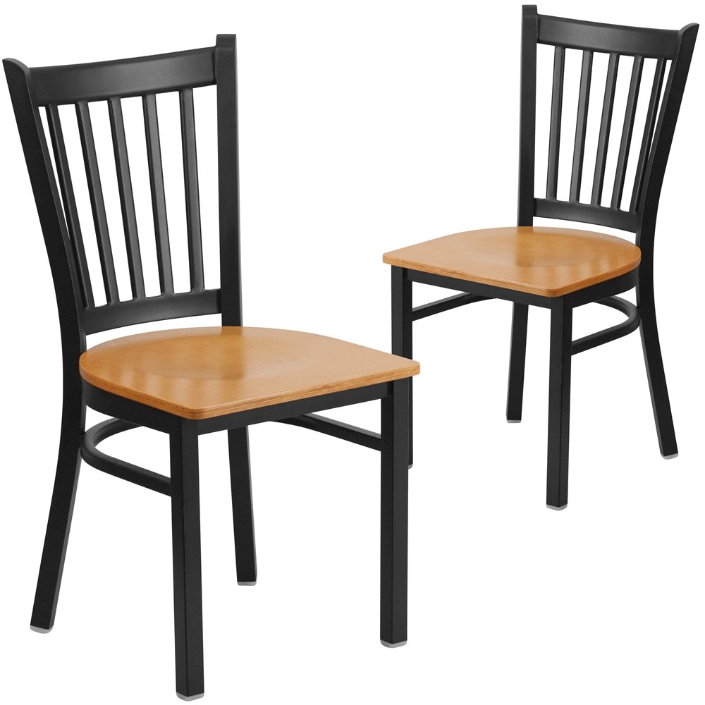 2 Pk. Black Vertical Back Metal Restaurant Chair - Natural Wood Seat