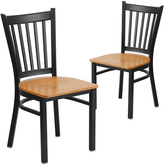 2 Pk. Black Vertical Back Metal Restaurant Chair - Natural Wood Seat