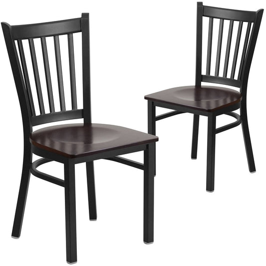 2 Pk. Black Vertical Back Metal Restaurant Chair - Walnut Wood Seat