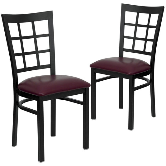 2 Pk. Black Window Back Metal Restaurant Chair - Burgundy Vinyl Seat