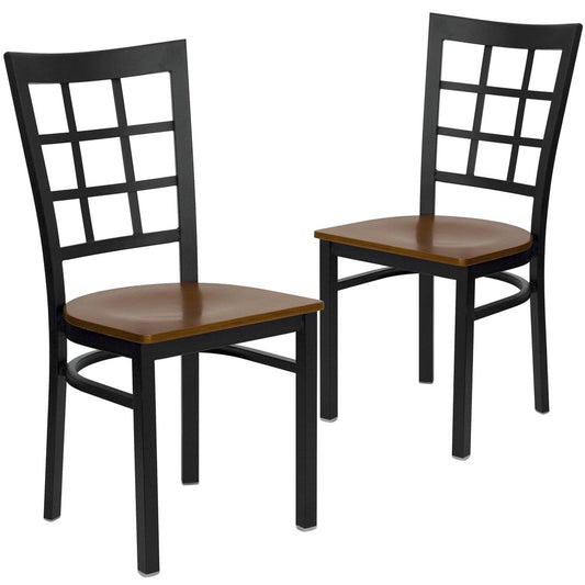 2 Pk. Black Window Back Metal Restaurant Chair - Cherry Wood Seat
