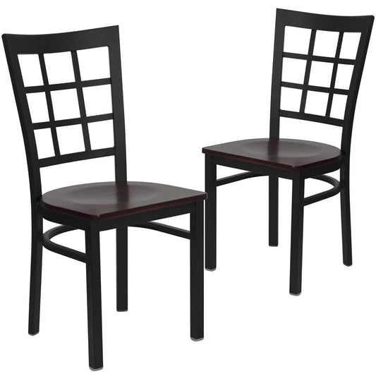 2 Pk. Black Window Back Metal Restaurant Chair - Mahogany Wood Seat