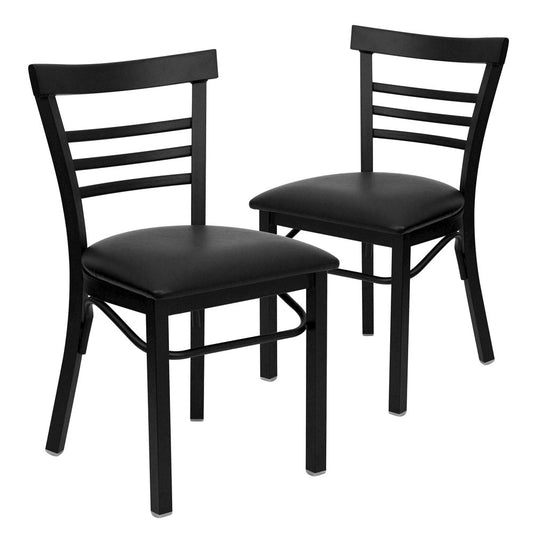 2 Pk. Black Ladder Back Metal Restaurant Chair - Black Vinyl Seat