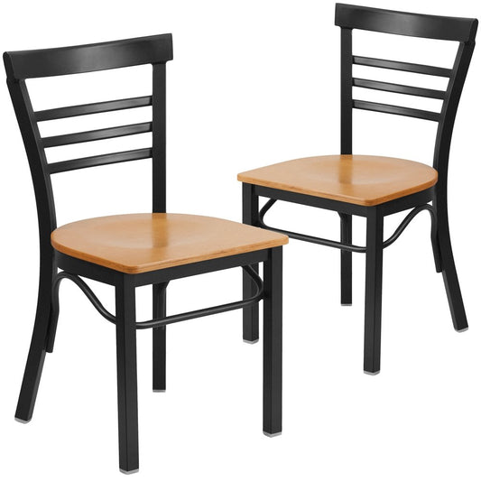 2 Pk. Black Ladder Back Metal Restaurant Chair - Natural Wood Seat