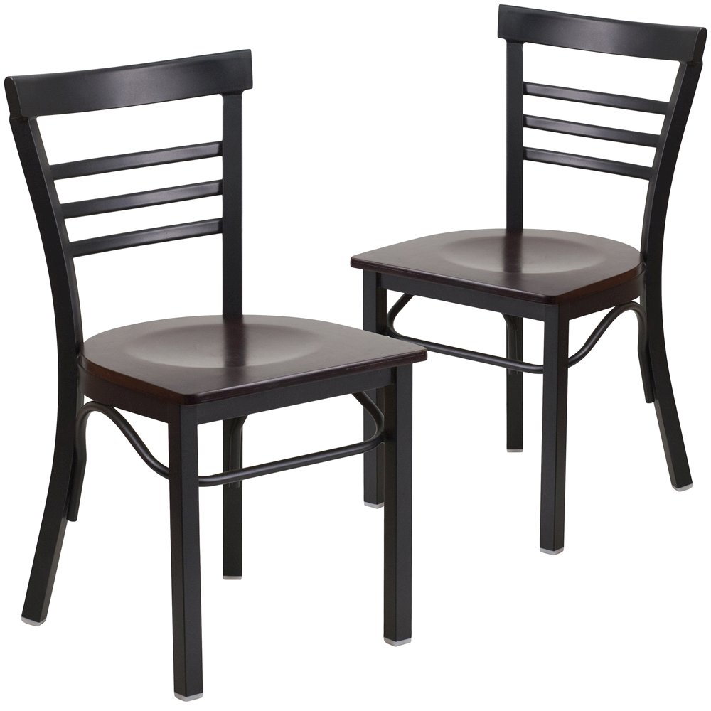 2 Pk. Black Ladder Back Metal Restaurant Chair - Walnut Wood Seat