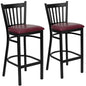 2 Pk. Black Vertical Back Metal Restaurant Barstool - Burgundy Vinyl Seat