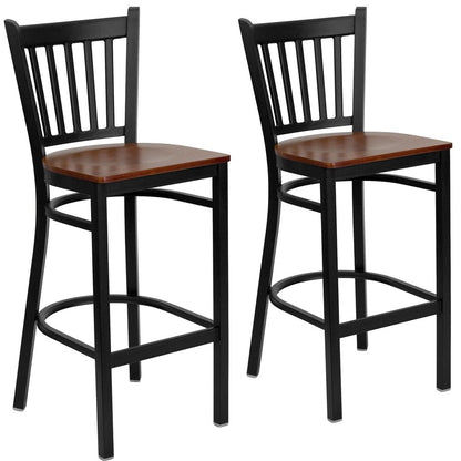 2 Pk. Black Vertical Back Metal Restaurant Barstool - Cherry Wood Seat